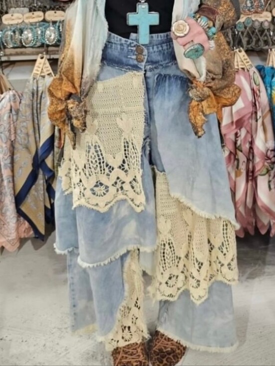 A Rare Bird Denim - A Rare Bird Boho Chic Frayed Denim & Crochet Lace Layered Skirt Pants XL
